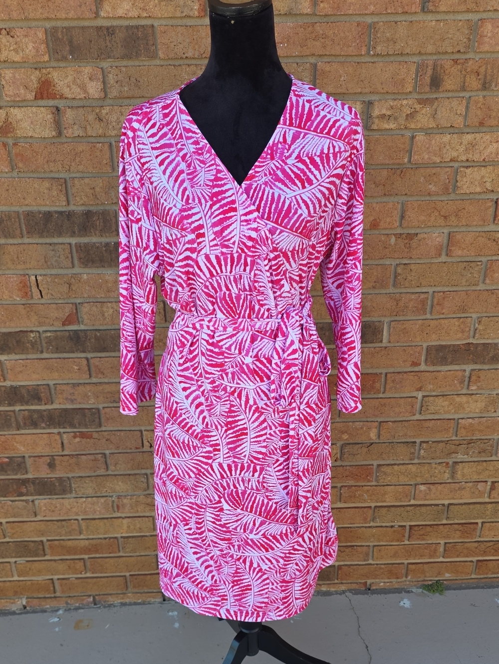 Kaeli Smith Pink Leaf-Print Long Sleeve Wrap Dress Size XL